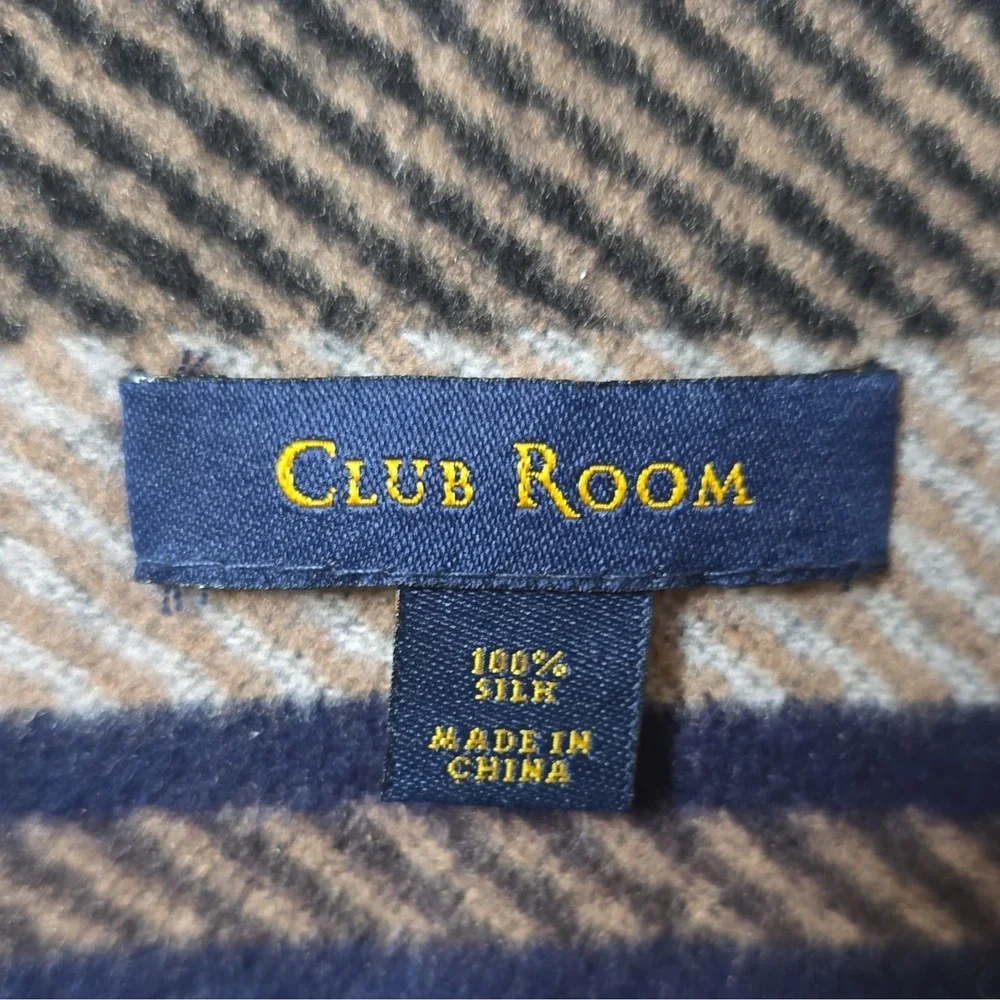 Club Room Men's 100% Silk Plaid Rectangle Scarf w/ Fringe Blue Tan Black